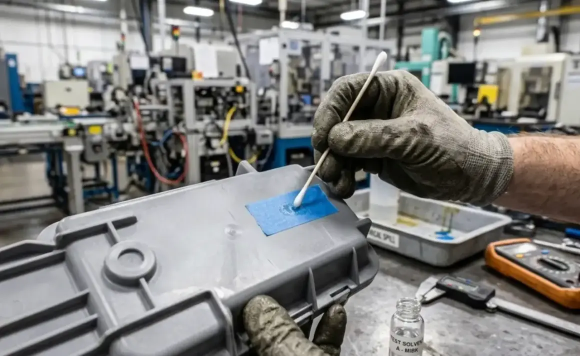 Guanto con cotton fioc applica solvente su nastro blu per rimuovere vernice dalla plastica.