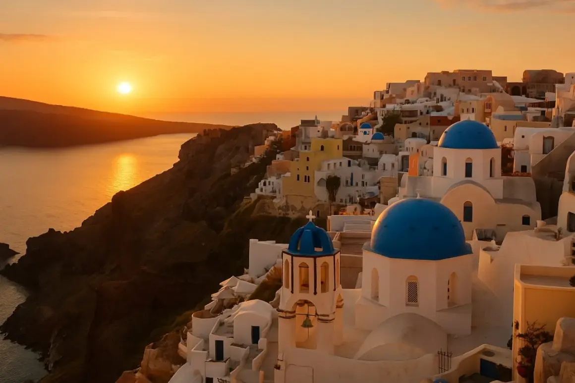 Zachód słońca nad Santorini. Białe domy i niebieskie kopuły kościołów w grudniu, gdy grecja pogoda jest łagodna.