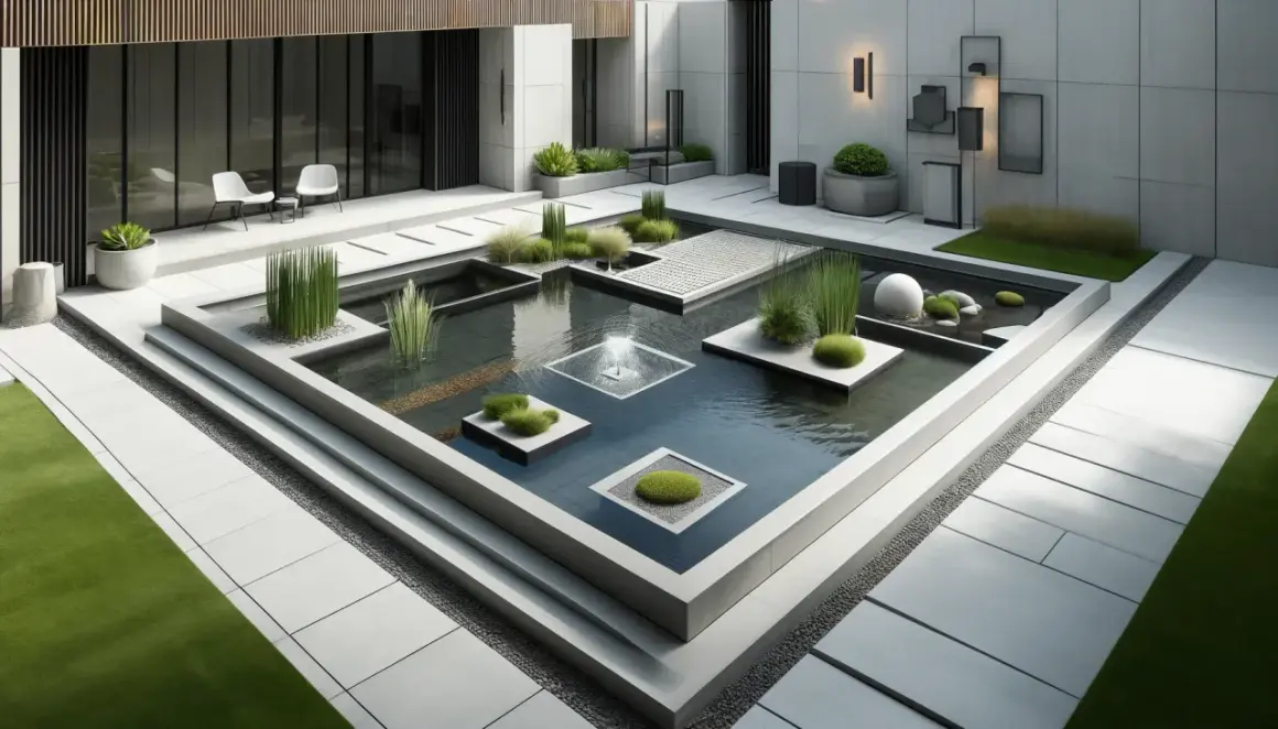 Un paisible pièce d'eau moderne avec des jets d'eau, des îlots végétaux et une sphère blanche, entouré de dalles grises et de verdure.