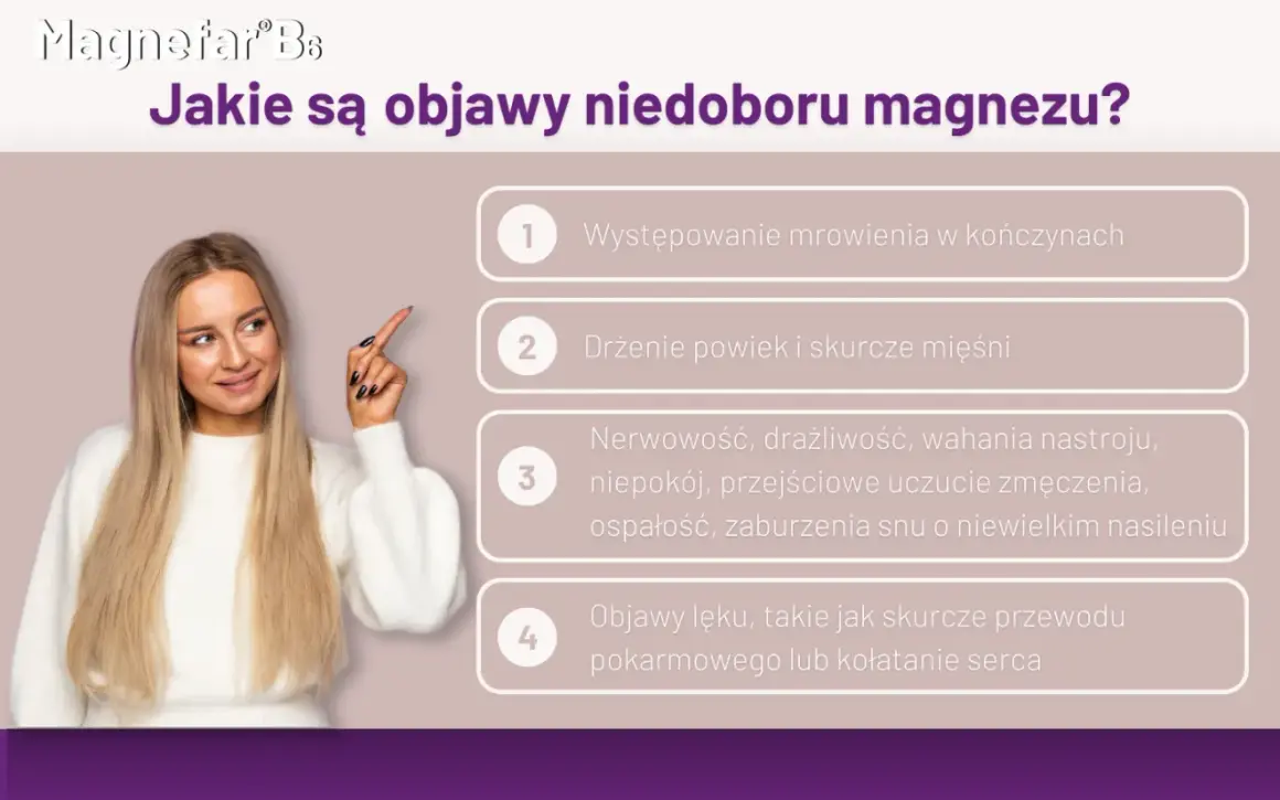 Kobieta wskazuje na listę objawów niedoboru magnezu: mrowienie, drżenie powiek, nerwowość, lęk.