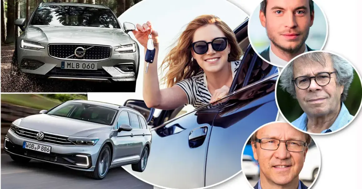 Glad kvinna med bilnycklar, Volvo och VW Passat. Experter diskuterar troligen bensinsnålaste bilen.