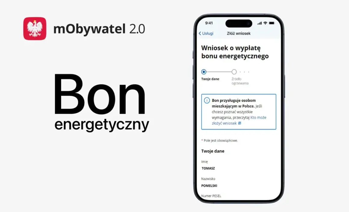 Aplikacja mObywatel 2.0 umożliwia złożenie wniosku o bon energetyczny 2026. Widoczny jest formularz z danymi wnioskodawcy.