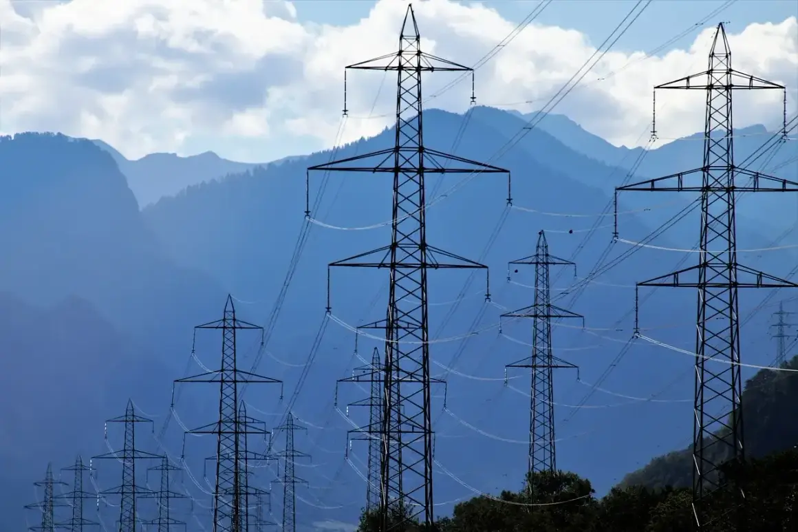 Linie energetyczne na tle gór. Wiele słupów wysokiego napięcia tworzy sieć, która może być wykorzystana w taryfie c12a godziny.