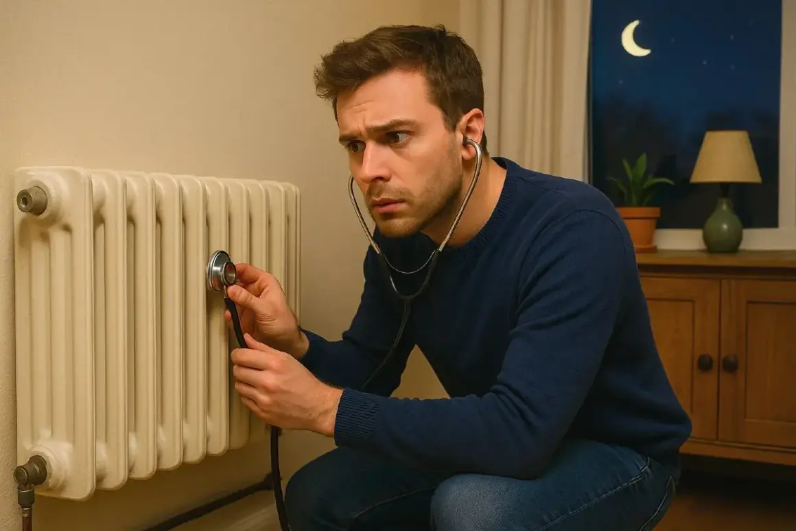 Uomo con stetoscopio ascolta un termosifone spento, preoccupato per il rumore dell'acqua.