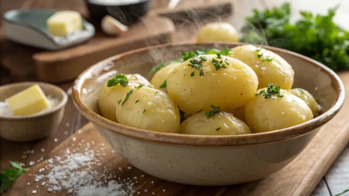 Dampfende Salzkartoffeln, frisch gekocht und mit Petersilie bestreut, warten in einer Schüssel auf Butter und Salz.