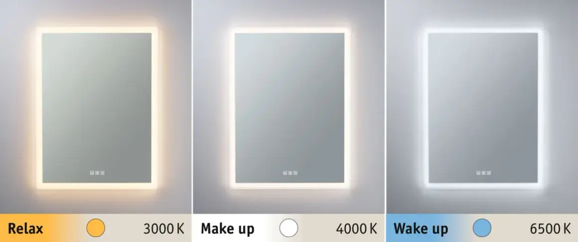 Trzy lustra z podświetleniem LED pokazują różne barwy światła: ciepłą (3000K), neutralną (4000K) i zimną (6500K). 4000K jaka to barwa? Neutralna, idealna do makijażu.