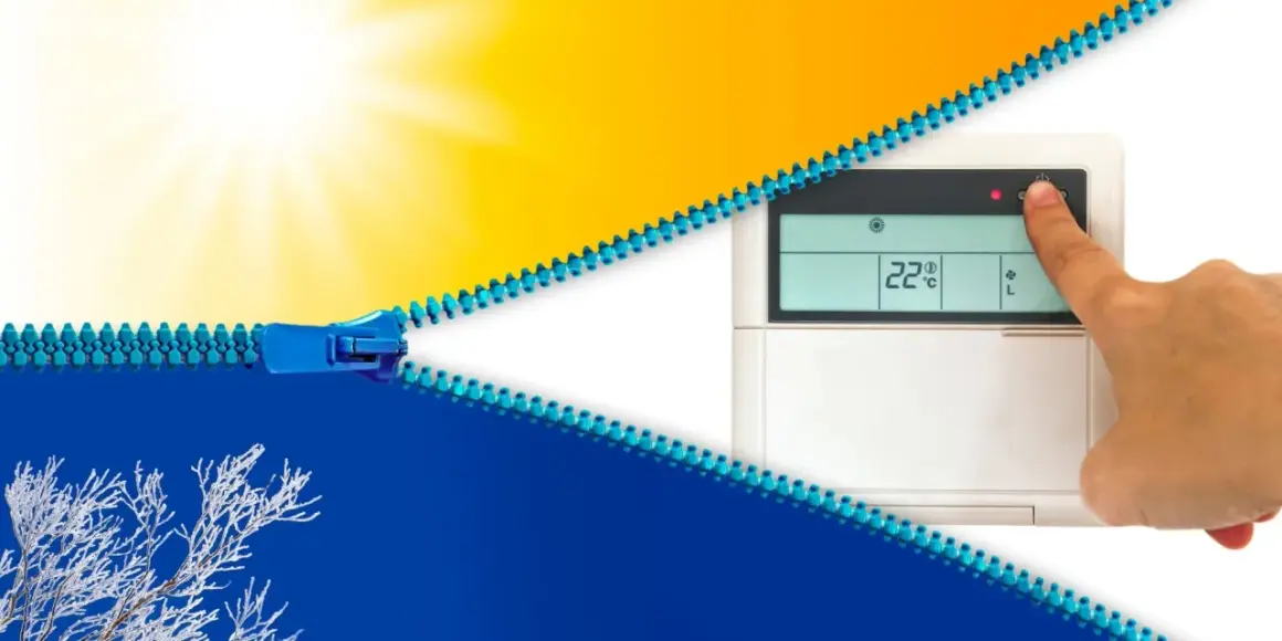 Un doigt appuie sur un thermostat affichant 22°C, symbolisant le contrôle du climat. Une fermeture éclair bleue sépare un soleil éclatant d'un paysage hivernal givré.