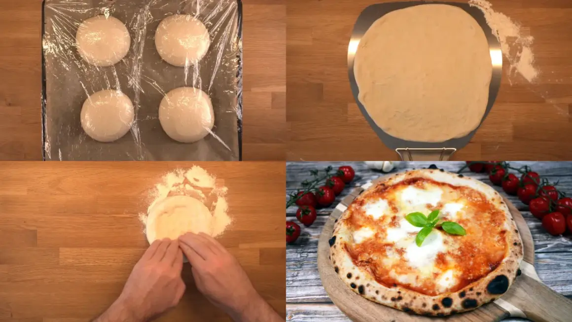 Fyra degbollar förbereds, en degplatta på en pizzaspade, händer formar deg och en färdig napolitansk pizza med tomater och basilika.