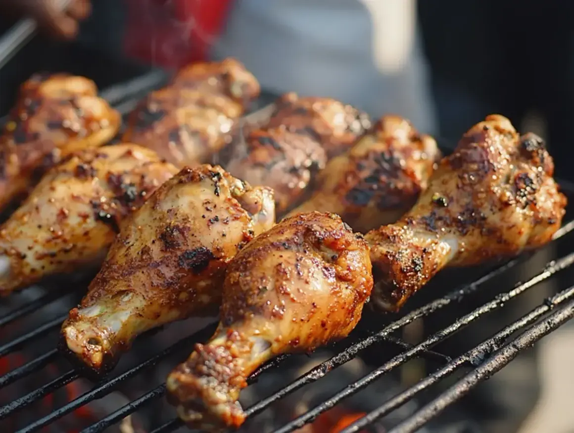 Grillade kycklingklubbor med kryddig jerk chicken-marinad som ryker på grillgallret.