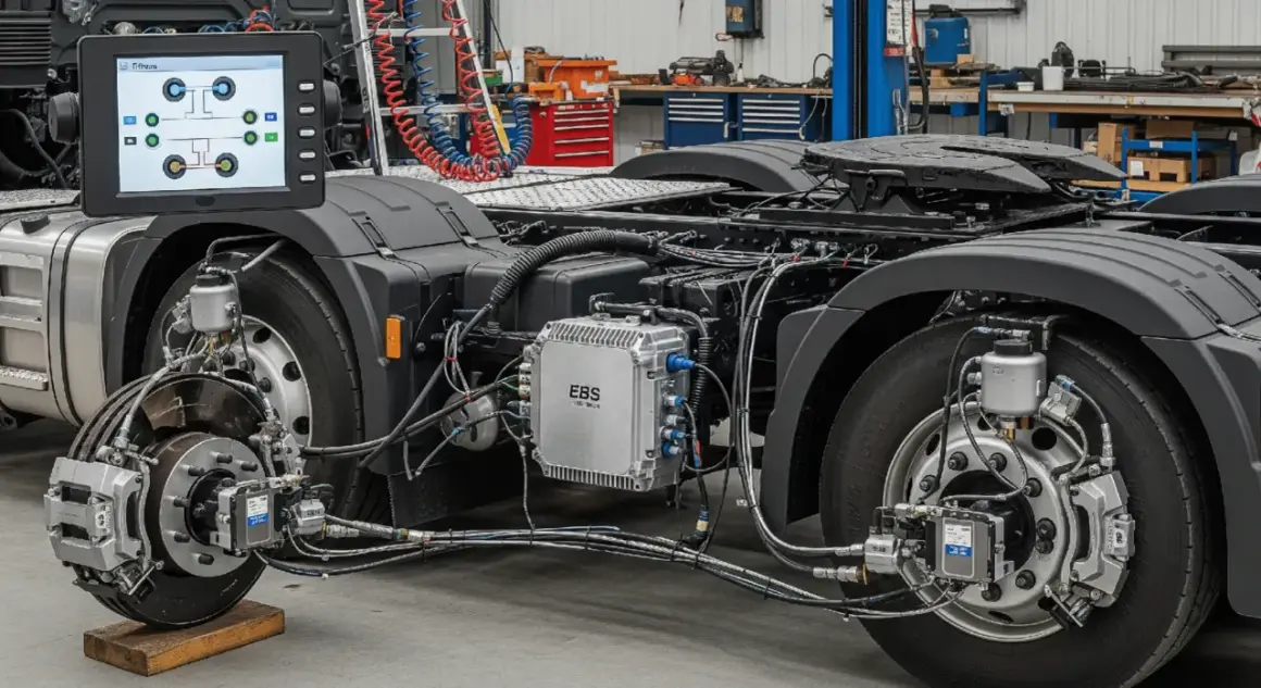 System EBS (Electronic Braking System) w ciężarówce. Monitor pokazuje schemat hamulców, a na ramie widoczny jest moduł sterujący.