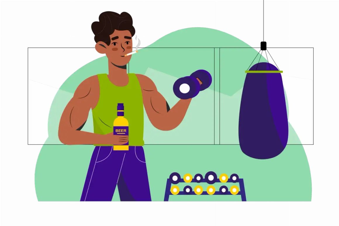 Mann mit Zigarette und Bierflasche trainiert im Fitnessstudio. Nikotin und Alkohol sind keine Freunde des Muskelaufbaus.