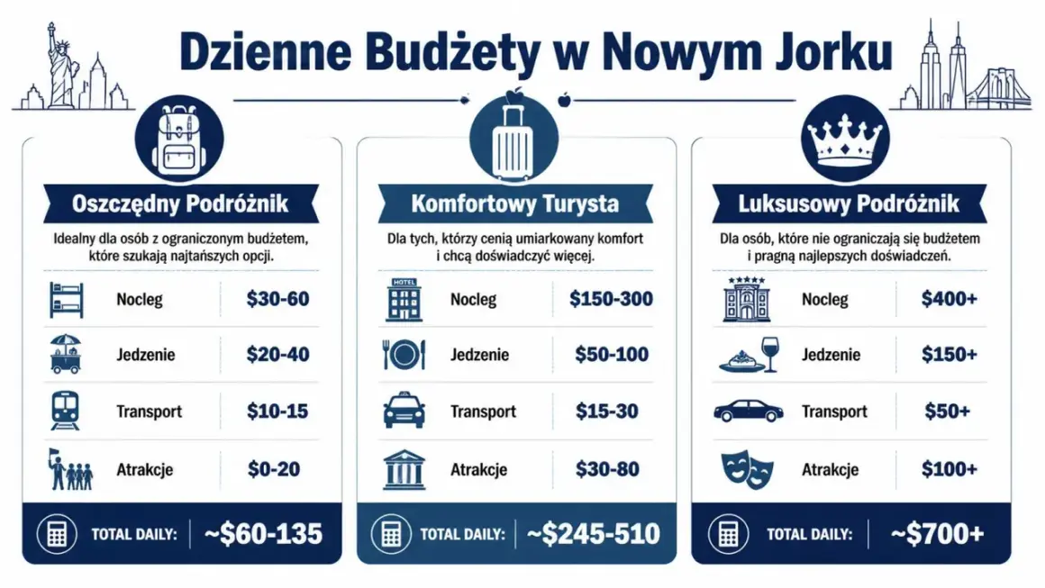 Ile kosztuje wycieczka do Nowego Jorku? Tabela pokazuje dzienne budżety: oszczędny (~$60-135), komfortowy (~$245-510) i luksusowy (~$700+).