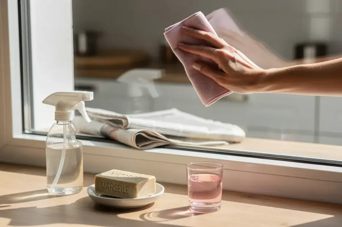 Mano che pulisce un vetro con un panno rosa, mostrando come pulire i vetri senza aloni con sapone di Marsiglia e spray.