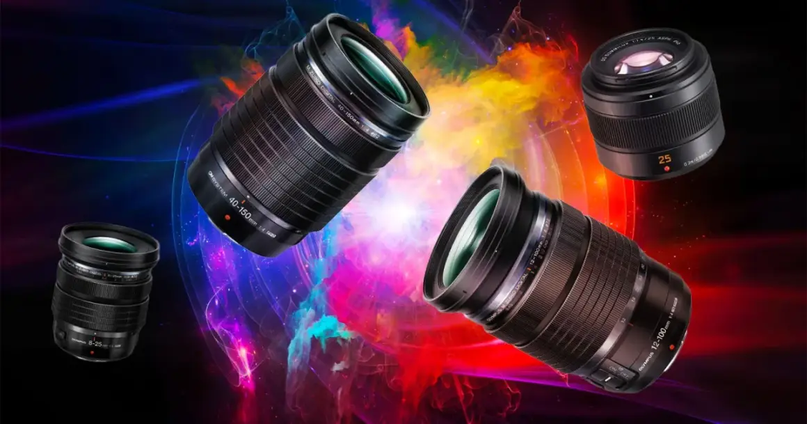 Four Olympus camera lenses, including the best 4/3 lenses, are showcased against a vibrant, abstract background.