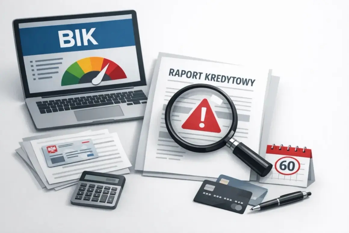 Jak wygląda raport BIK? Na ekranie laptopa wskaźnik BIK, pod lupą dokument "Raport Kredytowy" z ostrzeżeniem.