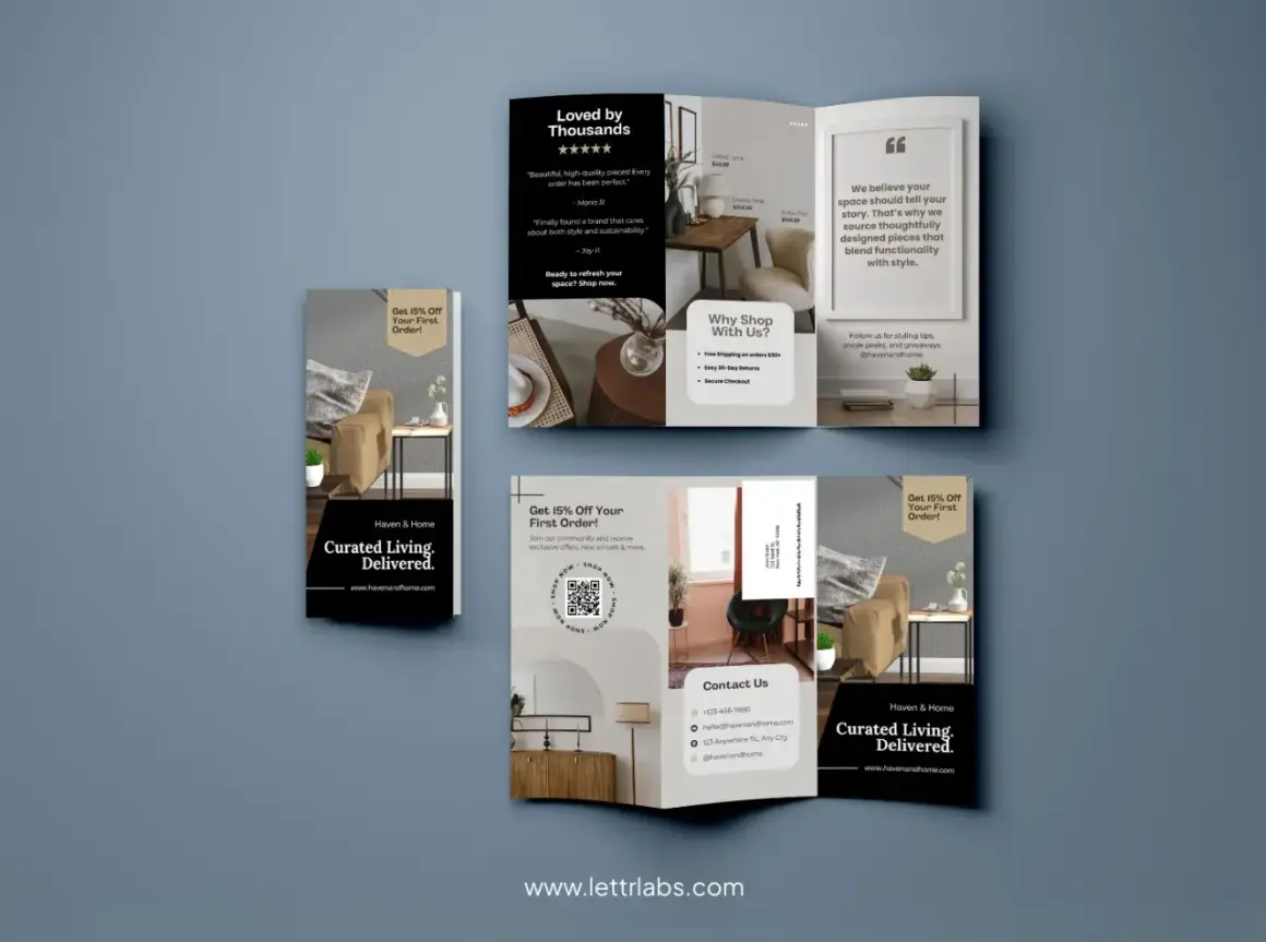 A trifold template for Haven & Home, showcasing furniture and home decor. Offers 15% off first orders and highlights community benefits.