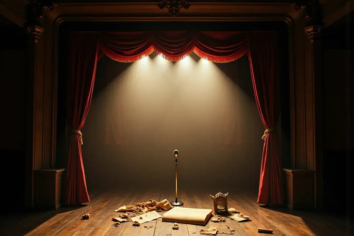 Scena teatralna z mikrofonem i rozrzuconymi kartkami, gotowa na skecze kabaretu moralnego niepokoju.