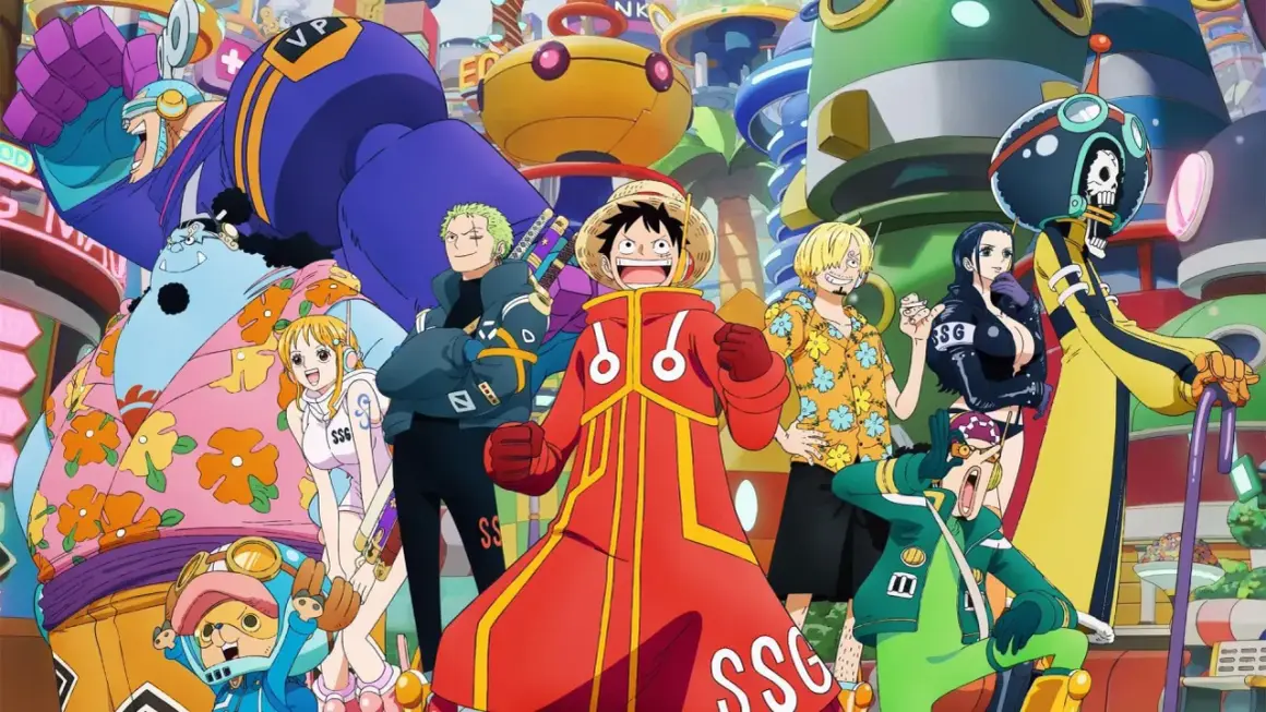 Die Strohhutpiraten in bunten Outfits vor futuristischer Kulisse. Wer fragt sich, wie viele Folgen One Piece hat, wird hier fündig!