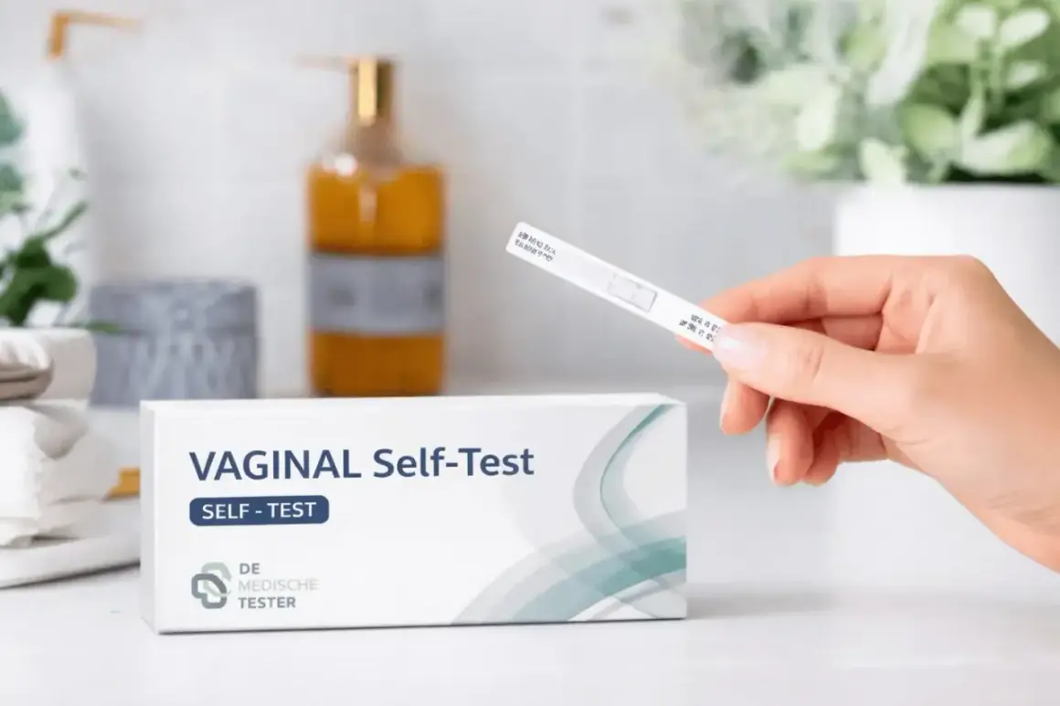 Kvinna håller ett vaginalt självtest. Om urin luktar illa klimakteriet kan detta test ge svar.