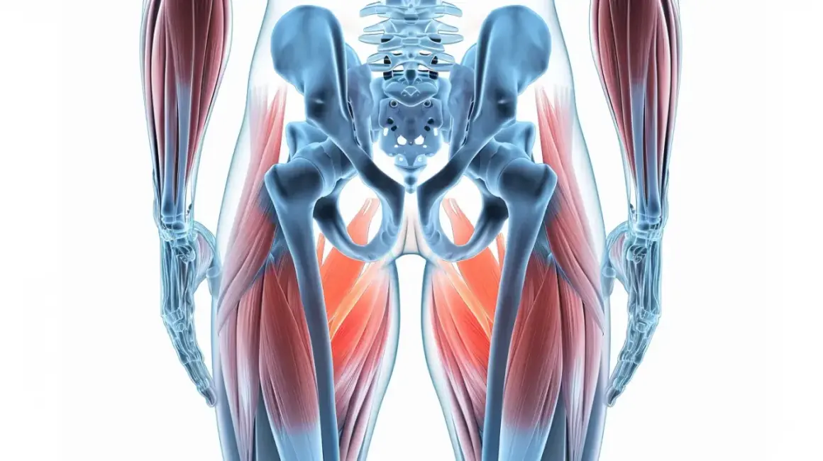 Anatomia miednicy i ud z uwydatnionymi mięśniami. Ilustracja pokazuje, jak ćwiczenia mięśni Kegla u mężczyzn wpływają na te partie ciała.