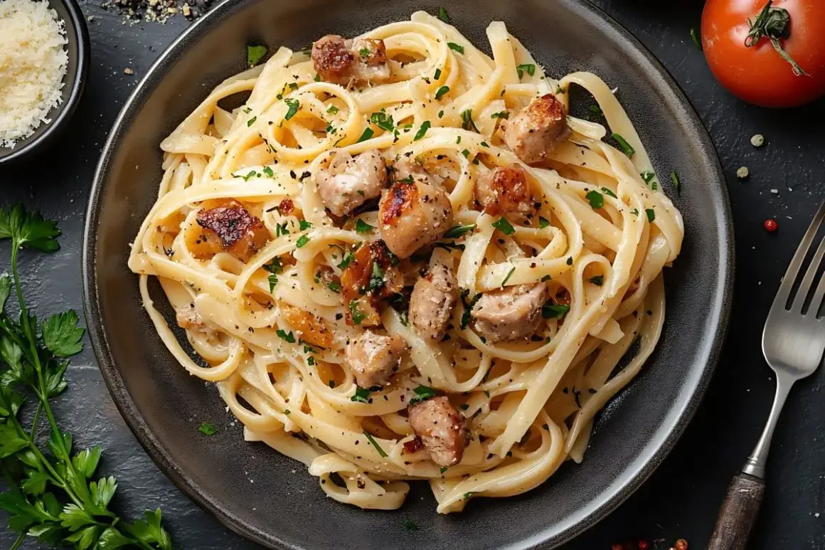 Szybki obiad z makaronem i kawałkami kurczaka, posypany natką pietruszki i parmezanem. Idealny na każdy dzień.
