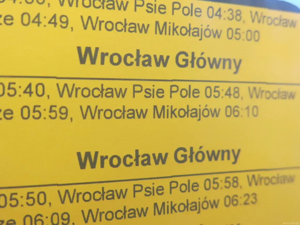 Plakatowy rozkład jazdy Wrocław Główny. Sprawdź godziny odjazdów pociągów do Wrocławia Psie Pole i Wrocławia Mikołajów.