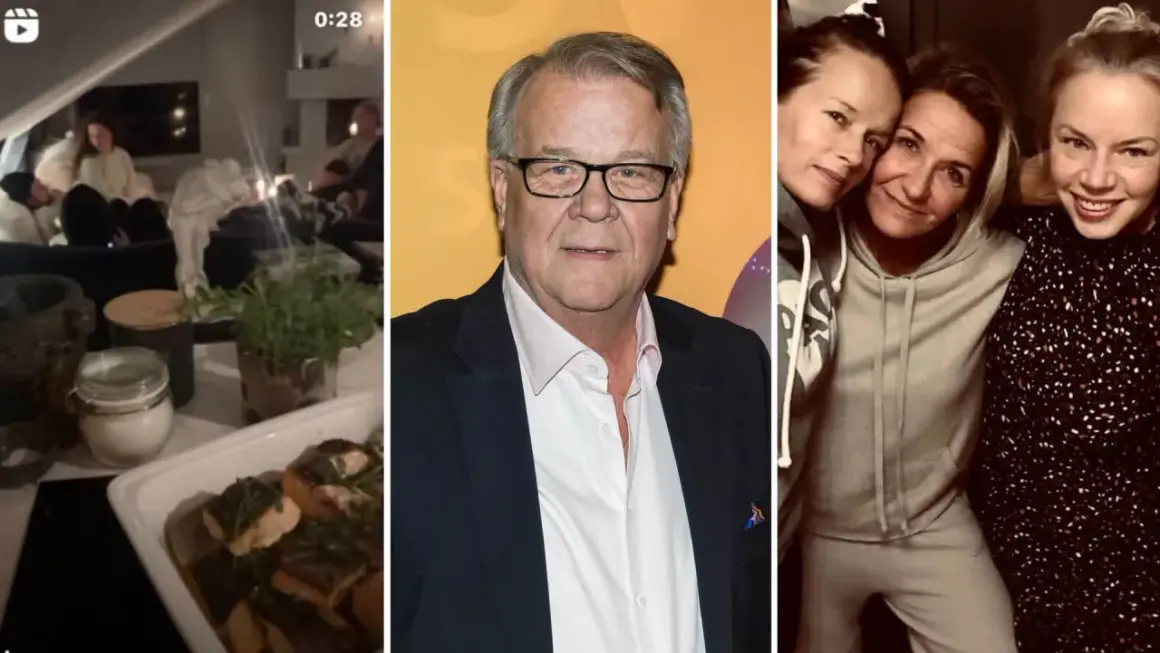 En bild med tre delar: en mysig hemmakväll, en man i kostym och tre leende kvinnor. Kanske en bild på maria berghagen enander med vänner?