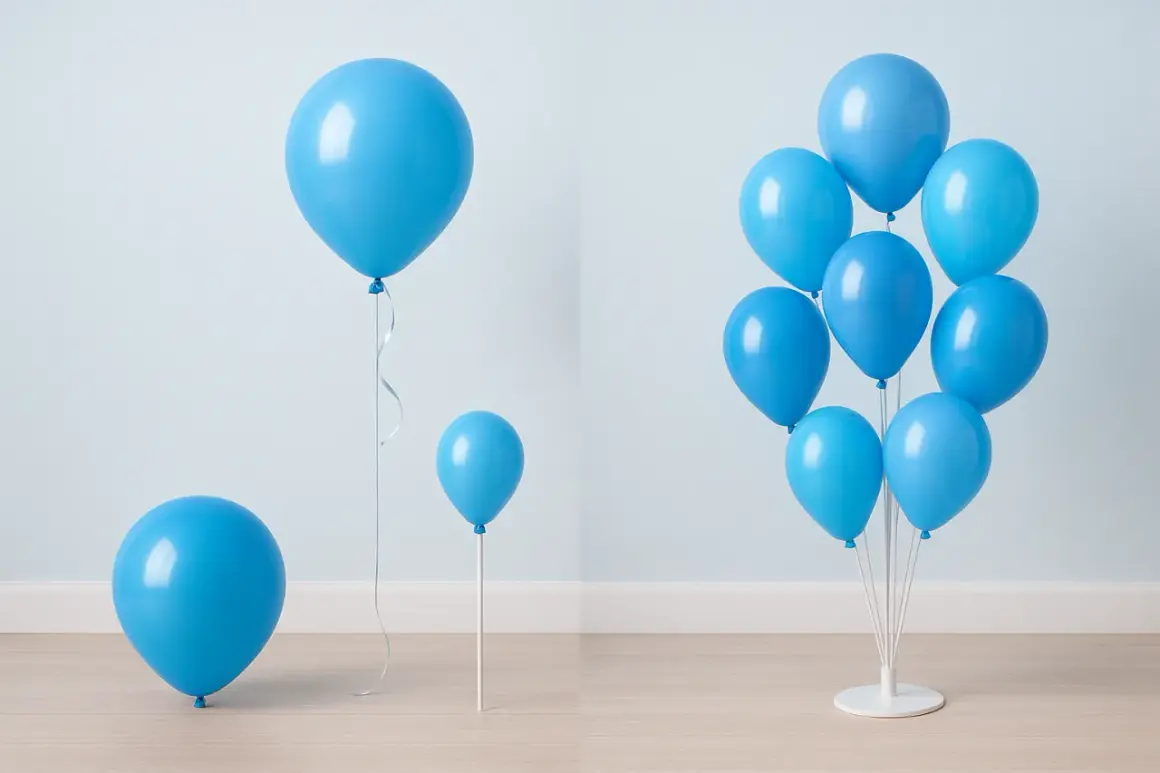 Jak zawiązać balon foliowy na patyk? Kilka niebieskich balonów, jeden na patyku, inny na wstążce, a grupa na stojaku.