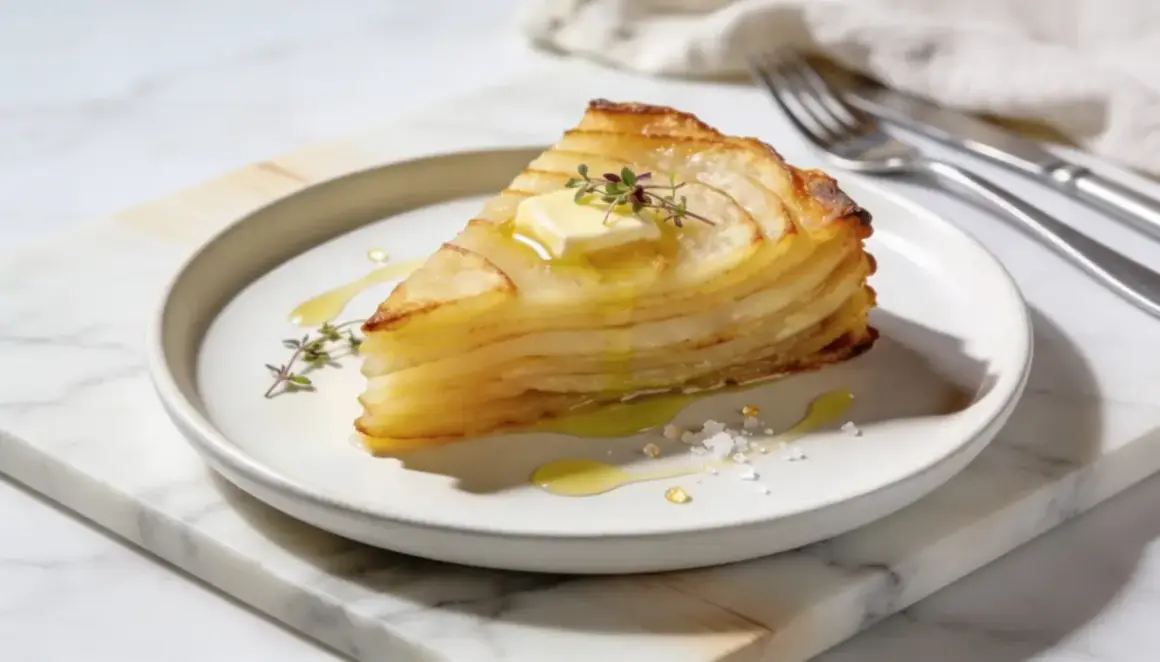 En skiva gyllene pommes anna, perfekt skiktad, toppad med smör och örter. En utsökt potatisdelikatess.