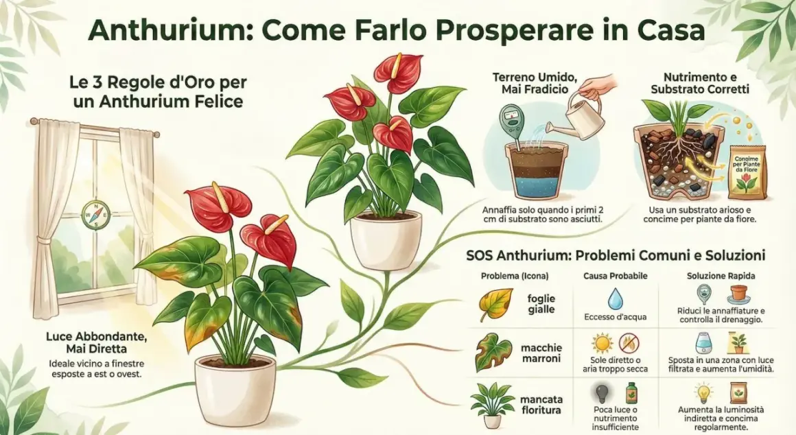 Guida su come coltivare l'Anthurium in casa: luce, acqua e substrato ideali per una pianta rigogliosa.