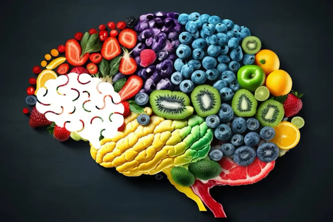 Mózg z owoców i warzyw. Kolorowe składniki tworzą jego kształt, sugerując, jak dieta wpływa na nasz umysł i samopoczucie, w tym na poziom serotoniny.