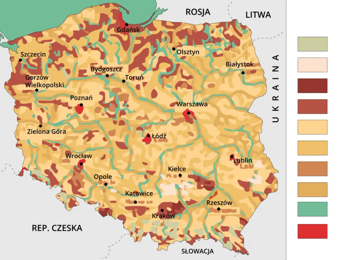 Mapa przedstawia rozmieszczenie gleby w Polsce. Różne kolory oznaczają różne typy gleb, od jasnych po ciemne odcienie brązu i zieleni.