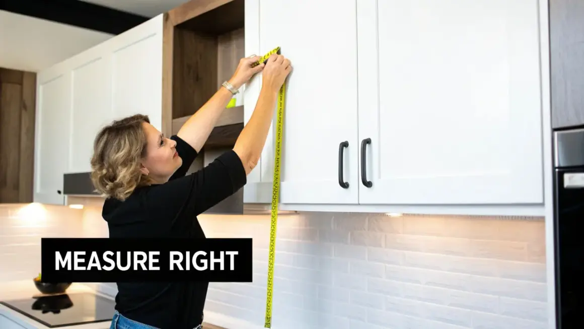 Woman demonstrating how to measure kitchen cabinets with a yellow tape measure. "Measure Right" text overlay.