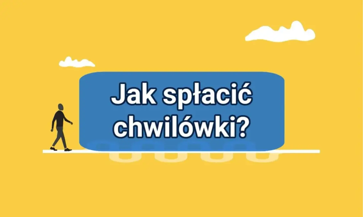 Szukasz sposobu na **pożyczkę na spłatę zadłużeń**? Grafika z postacią idącą w stronę niebieskiego prostokąta z napisem "Jak spłacić chwilówki?" sugeruje rozwiązanie problemu.