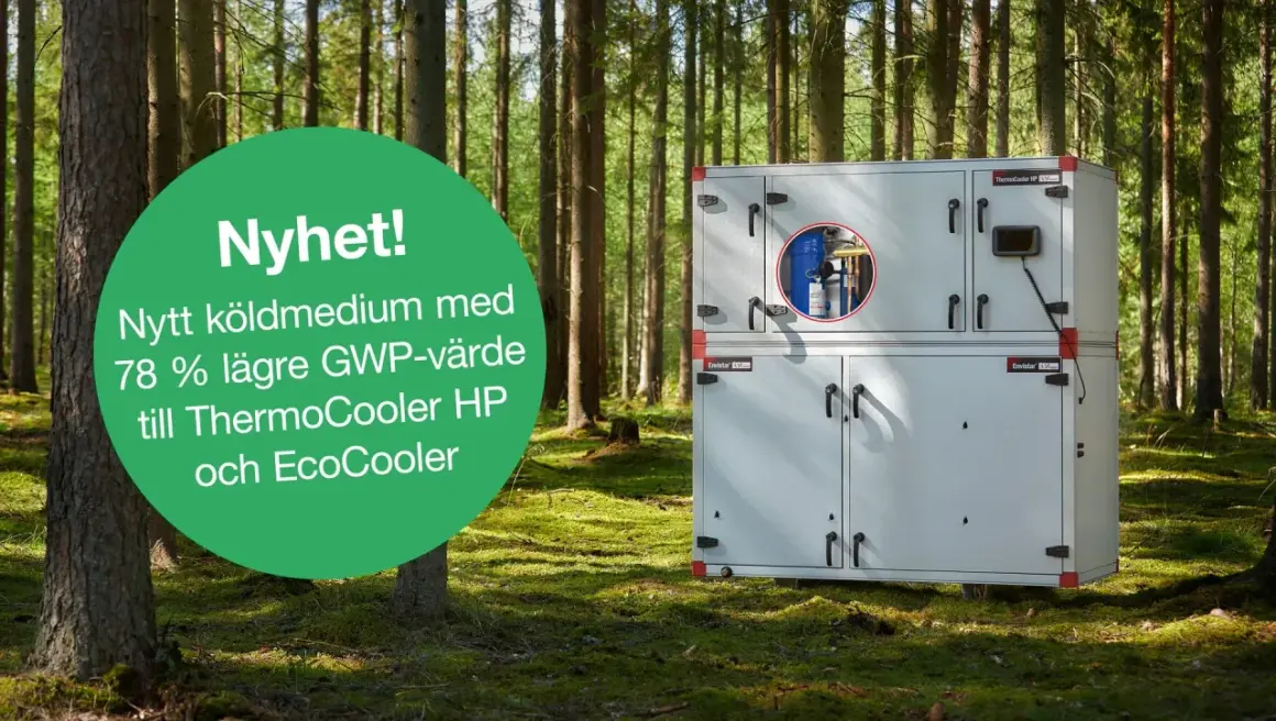 Enhet för värmeaggregat i skogsmiljö. Nytt köldmedium med 78% lägre GWP-värde för ThermoCooler HP och EcoCooler.