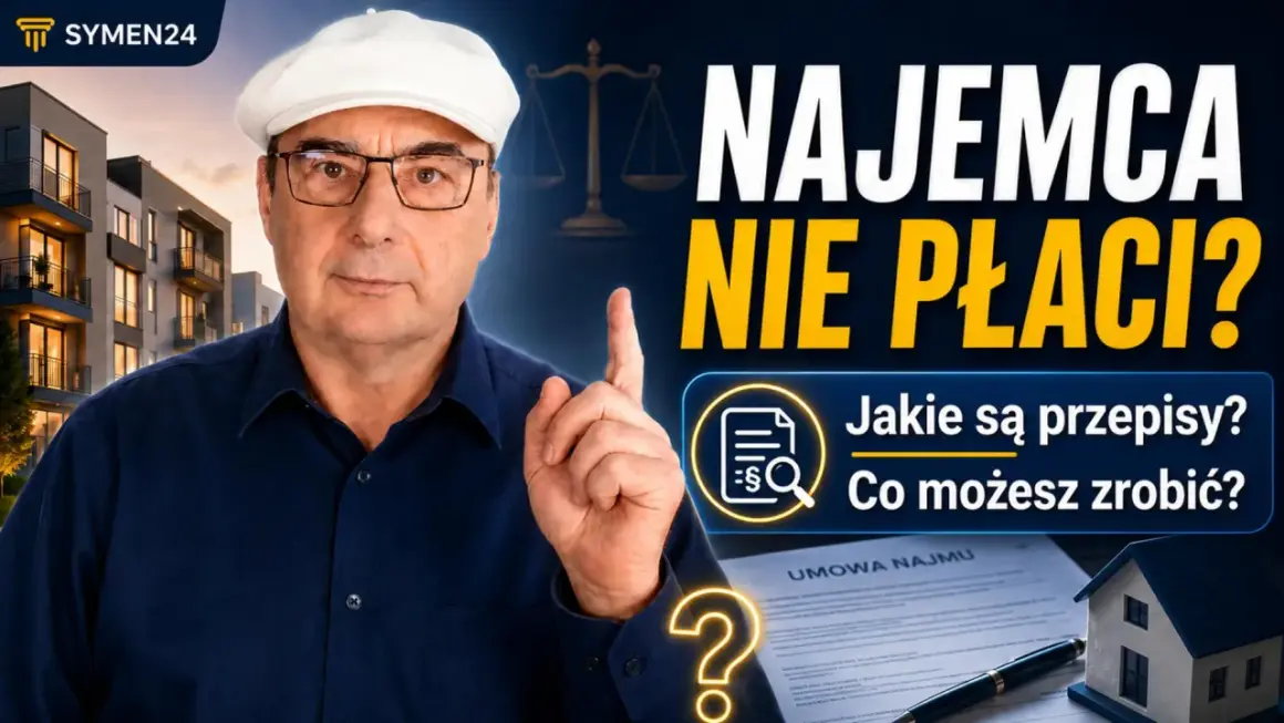 Mężczyzna w białej czapce i okularach wskazuje palcem na napis "NAJEMCA NIE PŁACI?". Obok umowa najmu i mały domek.