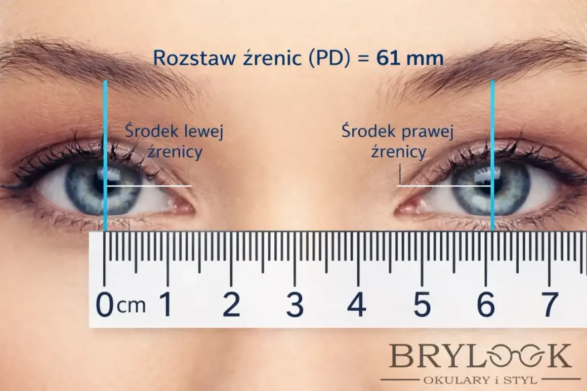 Pomiar rozstawu źrenic (PD) 61 mm, kluczowy do tego, jak wyregulować okulary, aby idealnie pasowały.