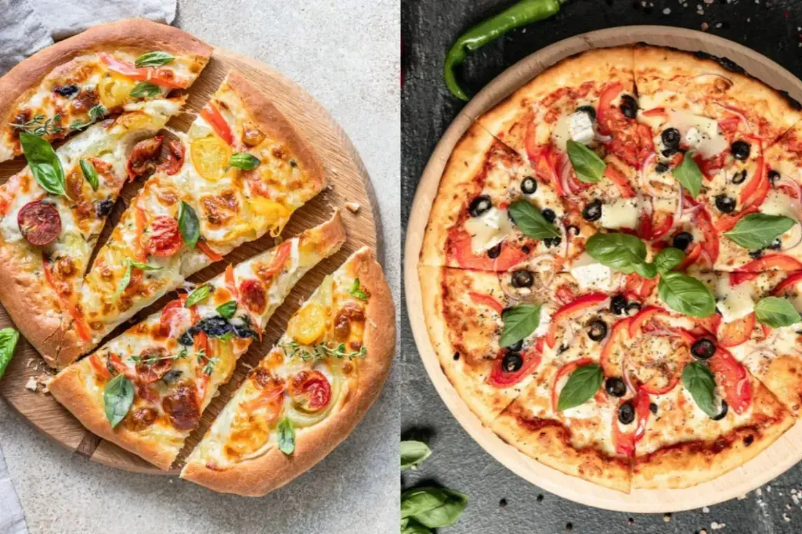 Pinsa co to? Dwie pyszne pizze: jedna z pomidorkami i ziołami, druga z papryką, oliwkami i cebulą.