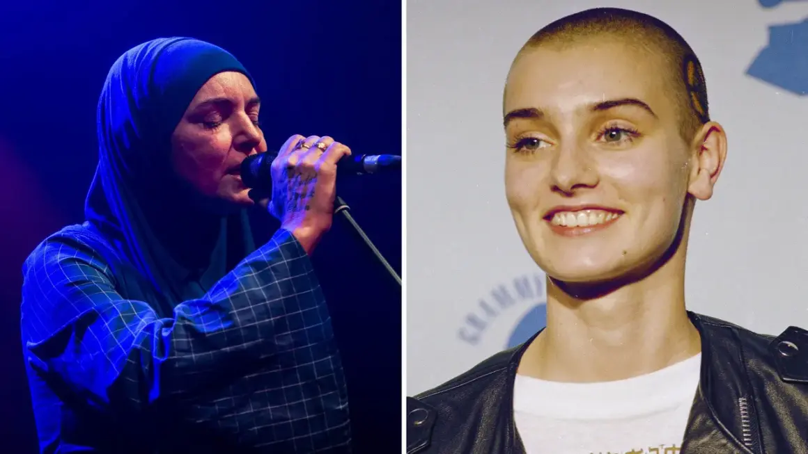 Sinead O'Connor med långt hår och som ung, samt senare med hijab och sjungande.