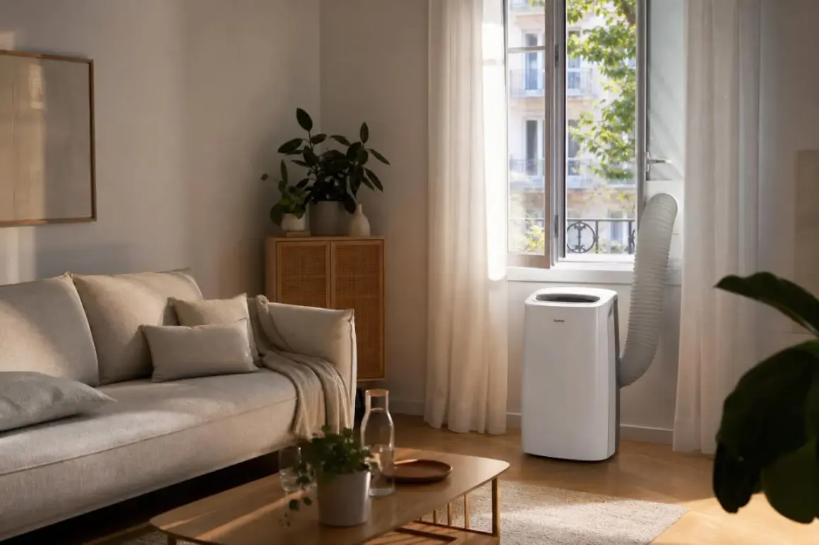 Climatiseur mobile réversible en mode chauffage, avec évacuation par la fenêtre ouverte. Confort assuré dans ce salon cosy.