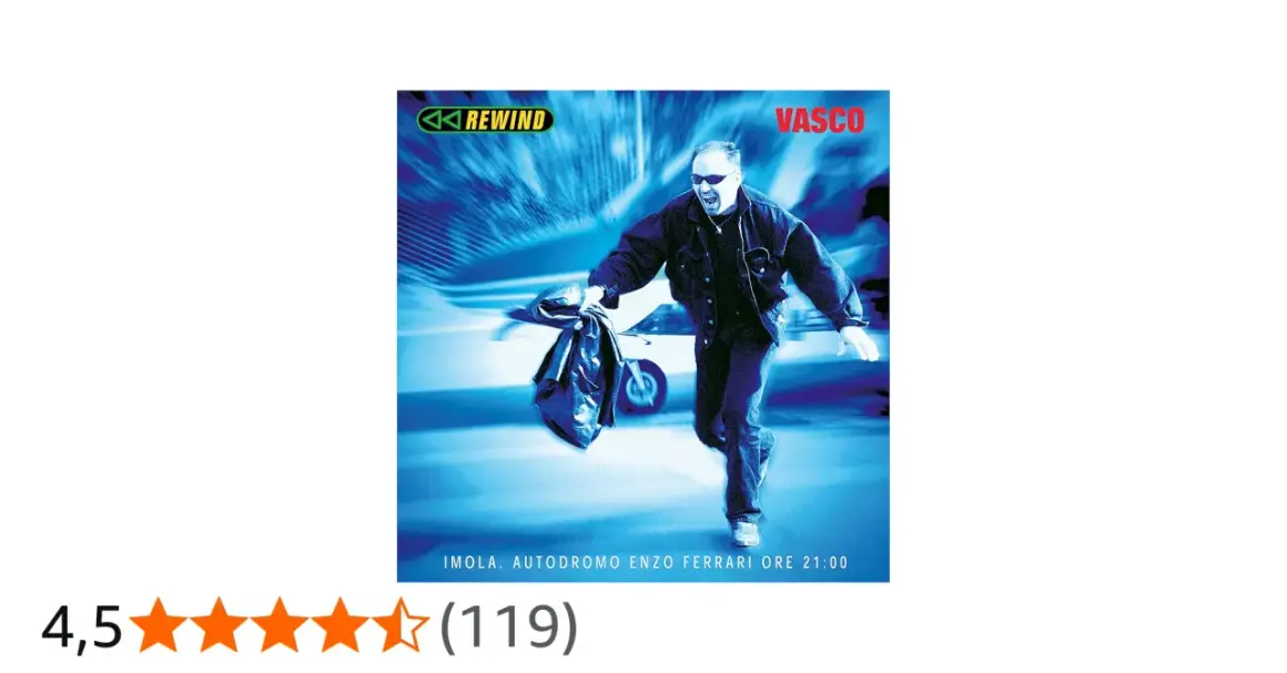 Vasco Rossi corre con un sacco, con il logo REWIND e la scritta VASCO. Imola, Autodromo Enzo Ferrari ore 21:00.