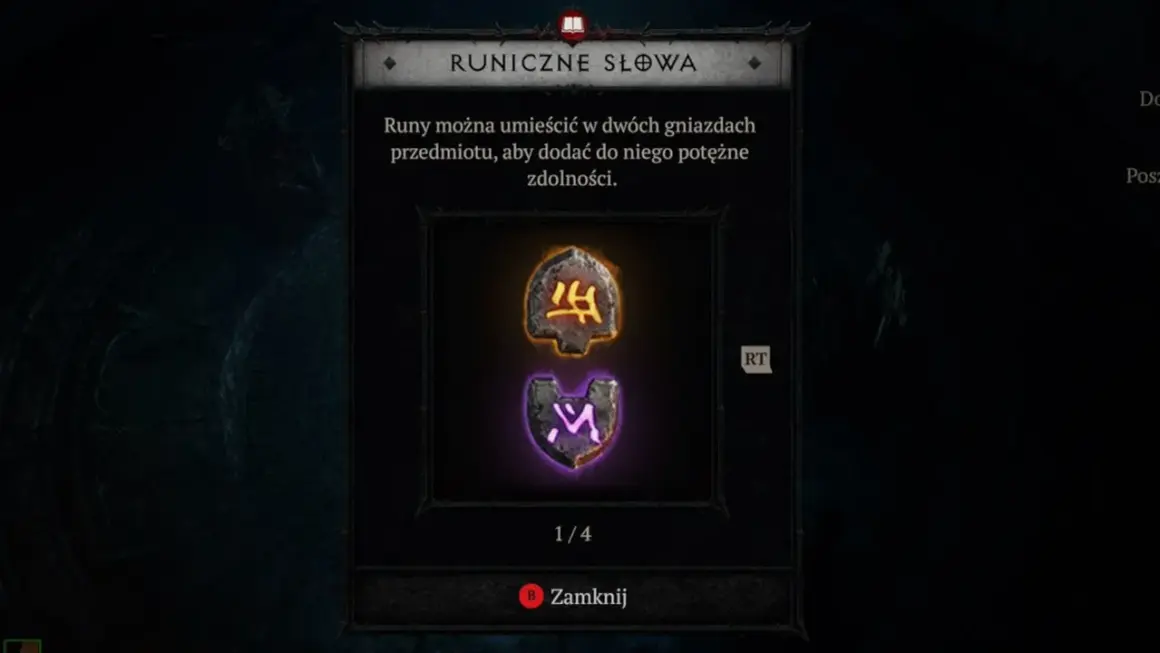 Diablo 2 słowa runiczne: dwie runy, jedna żółta, druga fioletowa, czekają na umieszczenie w gnieździe przedmiotu.
