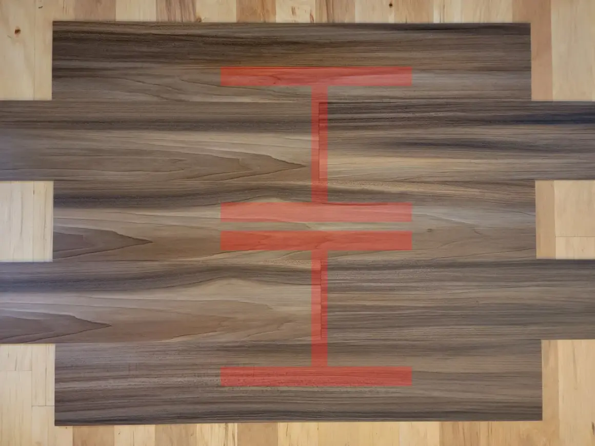 Visual guide on how to measure for LVP flooring. The image shows wood-look planks with a red overlay highlighting measurement points.