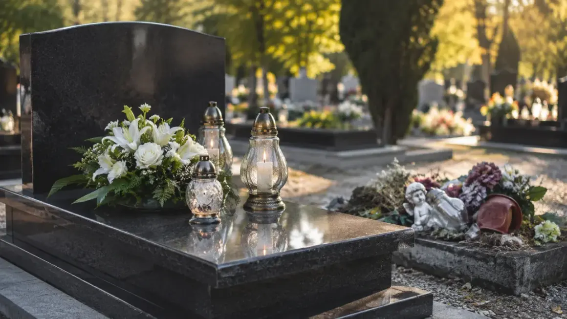 Białe kwiaty i znicze na nagrobku. Jak wyczyścić sztuczne kwiaty z cmentarza, by wyglądały jak nowe.