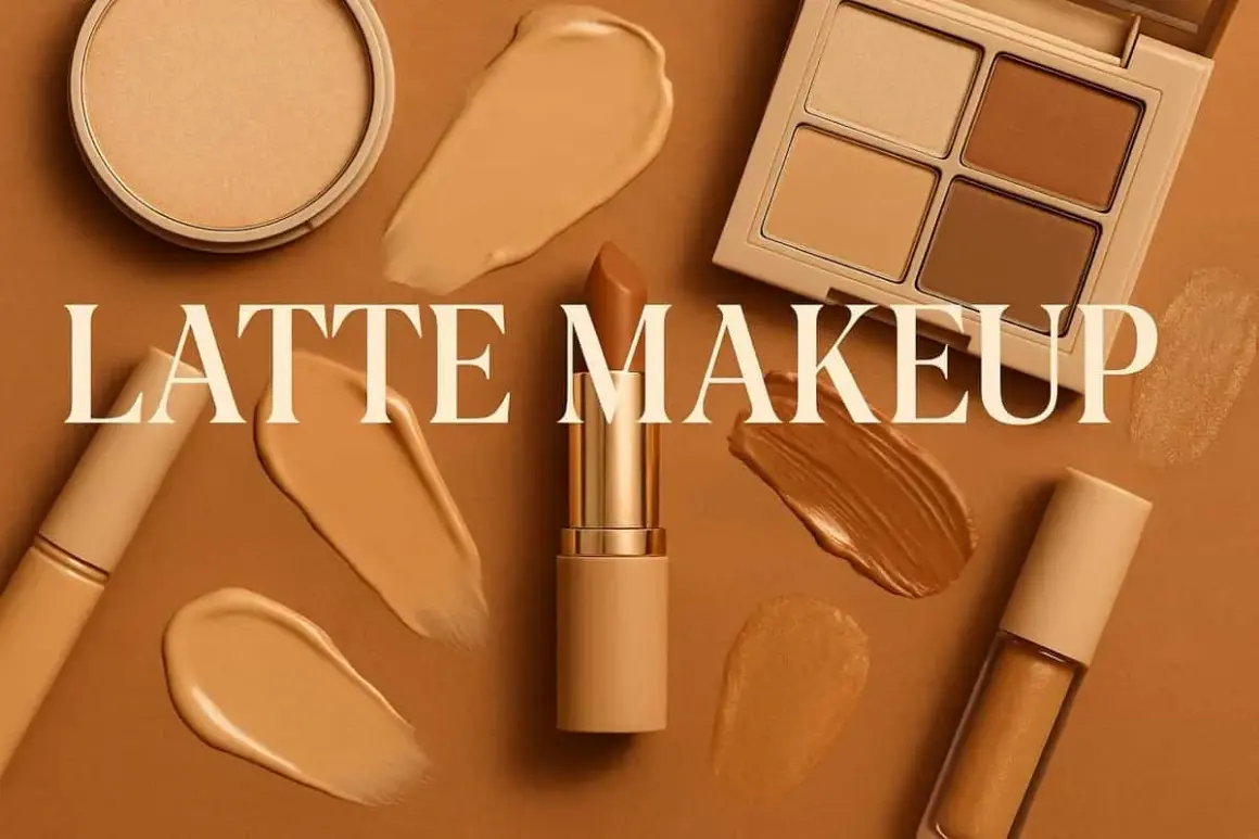 Swatch di fondotinta, rossetto e palette ombretti in tonalità calde, perfetti per un look latte makeup.