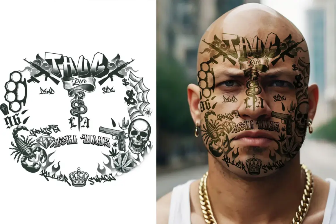 Mężczyzna z tatuażem na twarzy, przedstawiającym broń, skorpiona, czaszkę i napis "Gangsta Life".