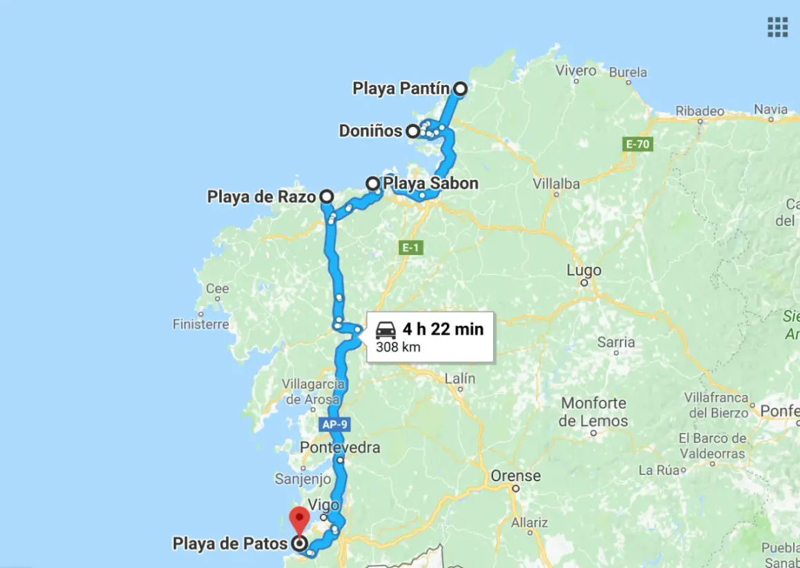 Ruta por las playas de surf de Galicia: de Playa de Patos a Playa Pantín, 308 km.