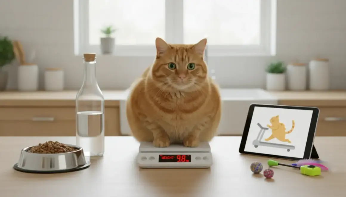 Gruby rudy kot na wadze, obok miska karmy i tablet z animacją biegnącego kota. Czas zacząć odchudzać kota!