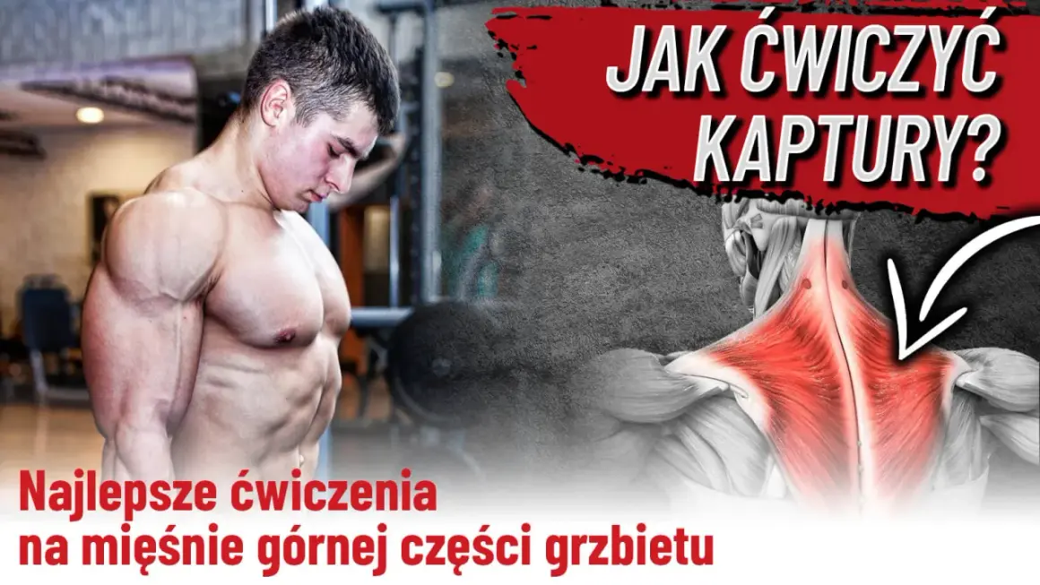 Masywny mężczyzna prezentuje umięśnione barki i plecy. Grafika pokazuje anatomiczne **kaptury mięśnie** i tekst "Jak ćwiczyć kaptury?".