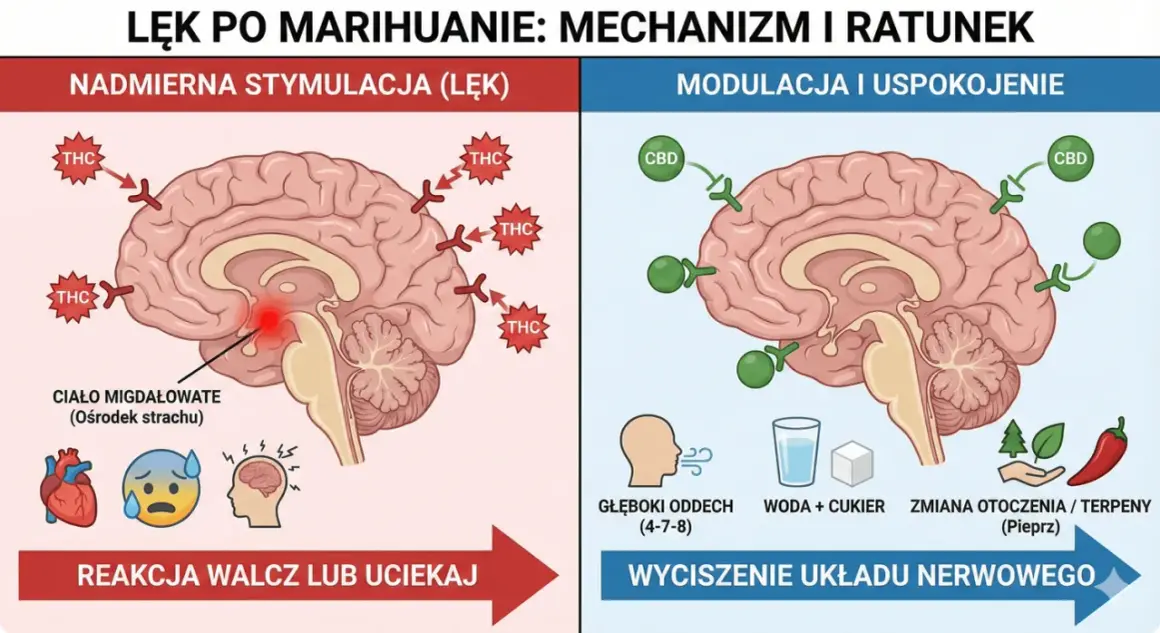 Ilustracja pokazuje mózg i wpływ THC (po paleniu marihuany) na ciało migdałowate, wywołując lęk. Po prawej CBD łagodzi objawy.